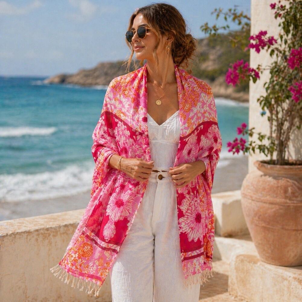 Floral Long Scarf Wrap Pink Orange Fringe Lightweight Boho Shawl Beach Resort